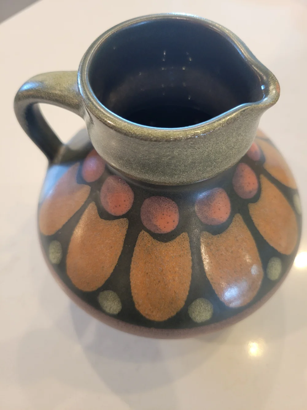 Vintage KMK Keramik Olive Green and Burnt Orange Patterned Ceramic Pitcher Vase - Picture 2 of 3